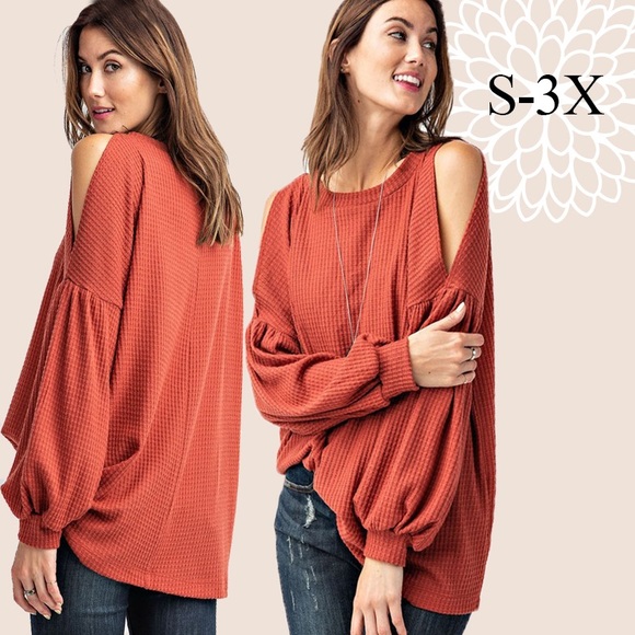 Waffle Weave Cold Shoulder Top - Picture 1 of 5